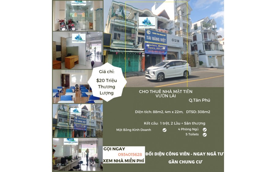 HIẾM - Cho thuê nhà Mặt Tiền Vườn Lài 88m2, 2Lầu + ST, 20Triệu